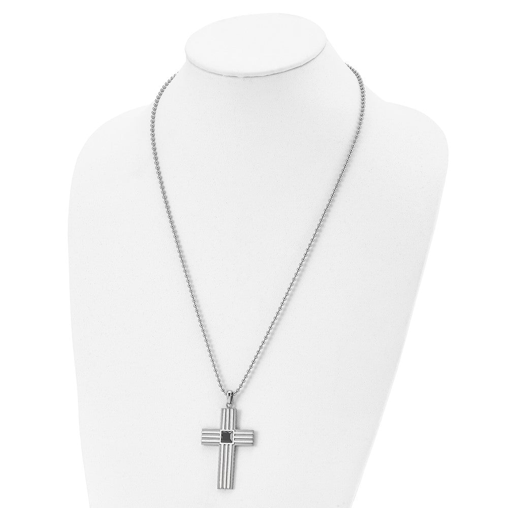 FJC Finejewelers Stainless Steel Ball Brushed and with Black CZ Cross 24in Necklace 24 Inches x 32 mm