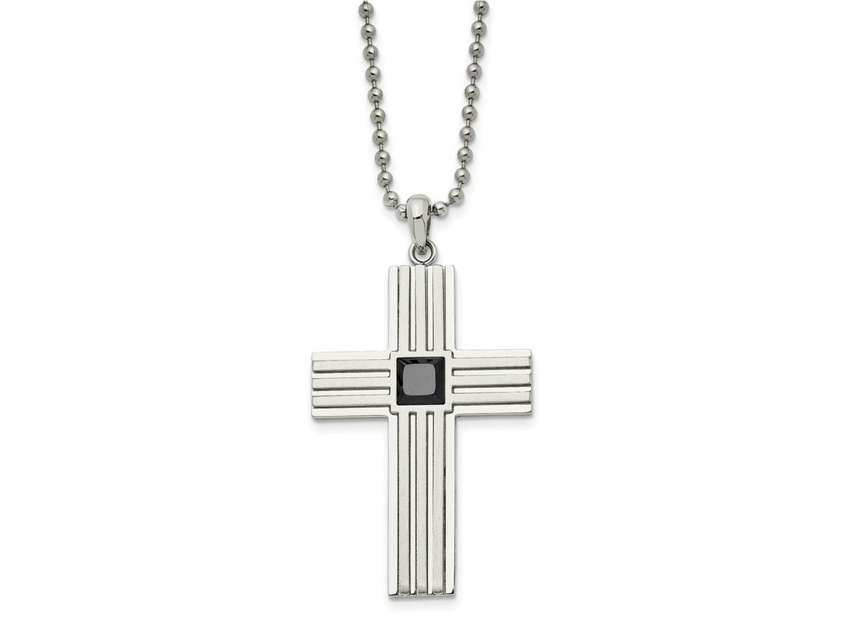 FJC Finejewelers Stainless Steel Ball Brushed and with Black CZ Cross 24in Necklace 24 Inches x 32 mm