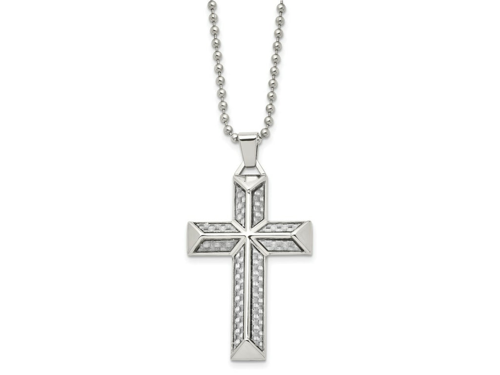 FJC Finejewelers Stainless Steel Ball with Grey Carbon Fiber Inlay Cross 24in Necklace 24 Inches x 32 mm