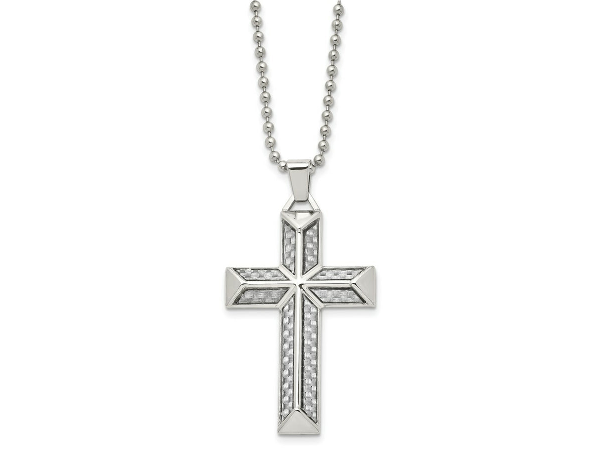 FJC Finejewelers Stainless Steel Ball with Grey Carbon Fiber Inlay Cross 24in Necklace 24 Inches x 32 mm