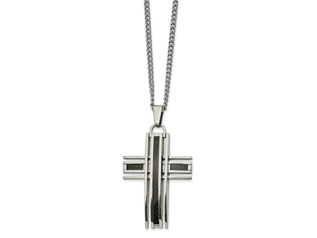 FJC Finejewelers Stainless Steel Spiga with Black Carbon Fiber Inlay Cross Necklace 24 Inches x 35