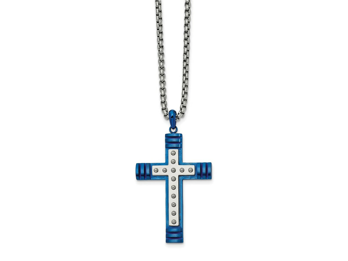 FJC Finejewelers Stainless Steel Blue IP-plated Cross 22in Necklace 22 Inches x 29 mm