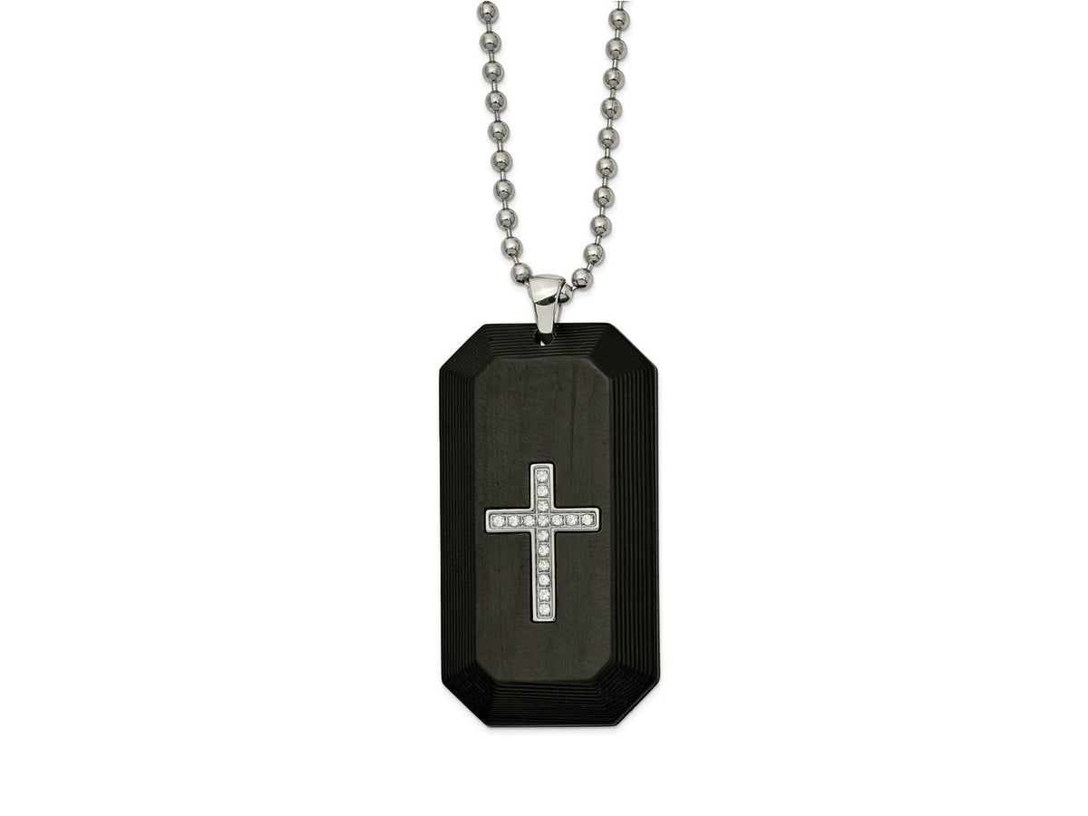 FJC Finejewelers Stainless Steel Box with Solid Carbon Fiber and CZ Cross DogTag Necklace 24 Inches x 24