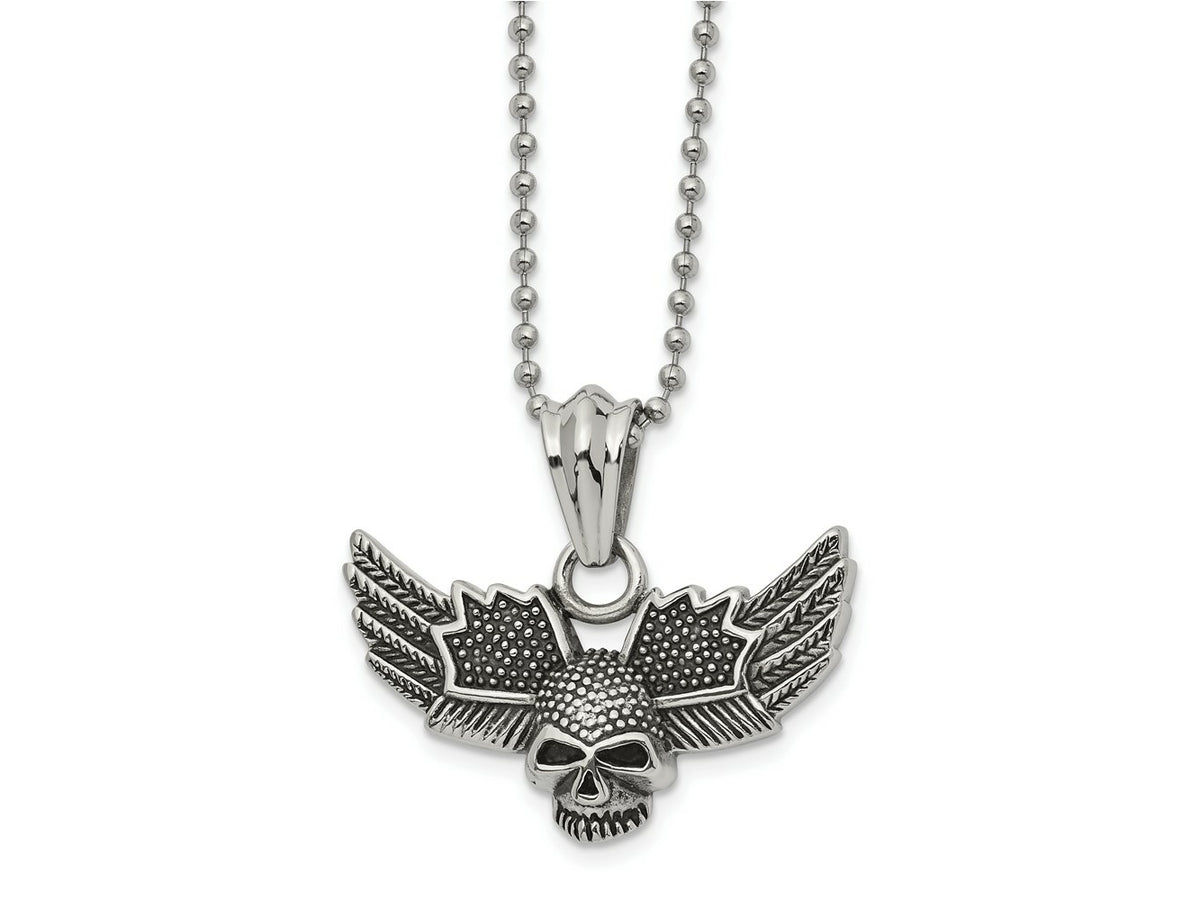 FJC Finejewelers Stainless Steel Antiqued and Polished Skull with Wings Necklace 22 Inches x 44 mm