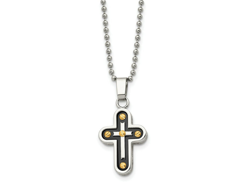 FJC Finejewelers Stainless Steel Ball Black and Yellow IP-plated Cross 22in Necklace 22 Inches x 16 mm