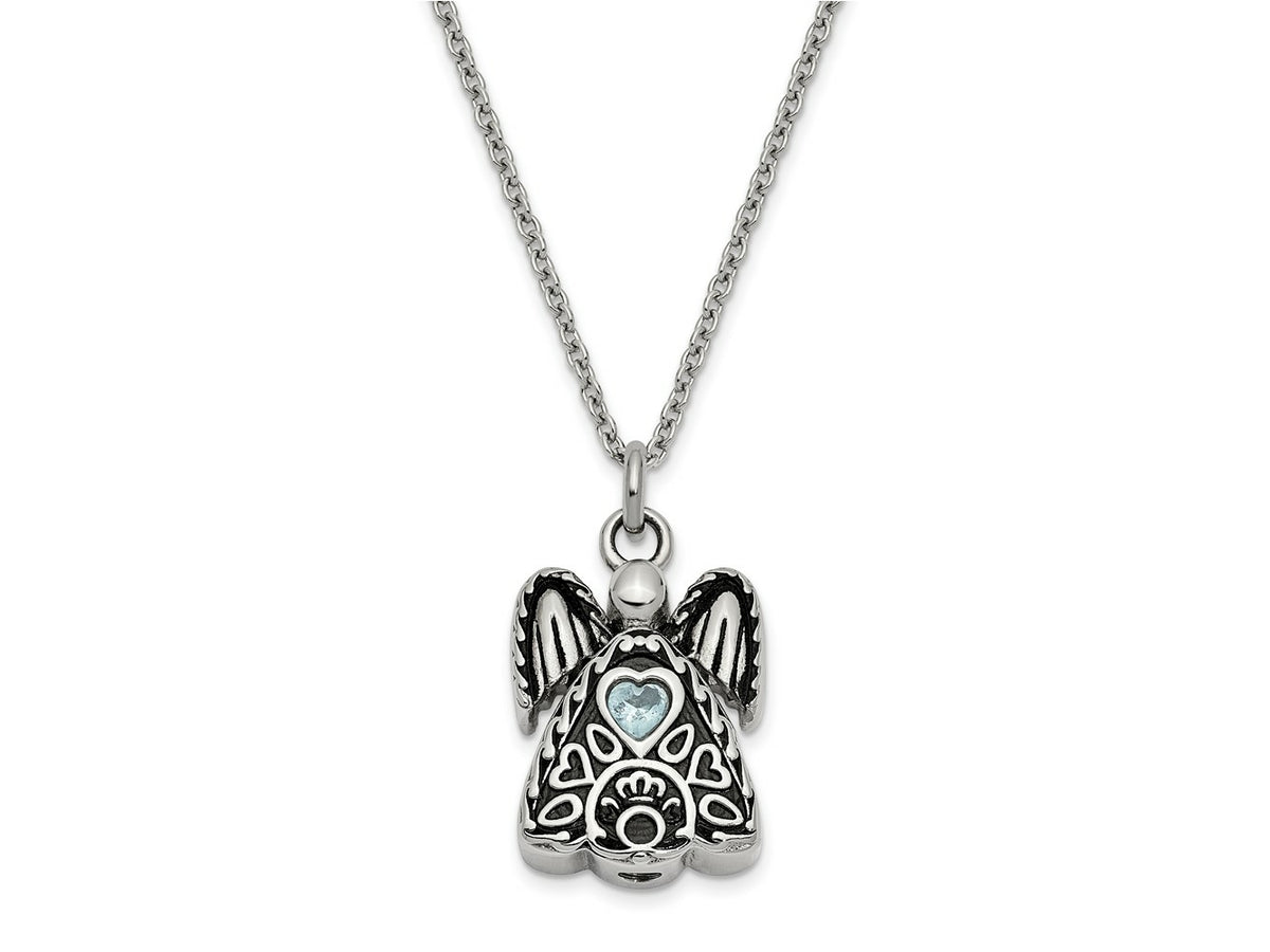 FJC Finejewelers Stainless Steel March CZ Birthstone Antiqued Angel Ash Holder Neckl 18 Inches x 19 mm