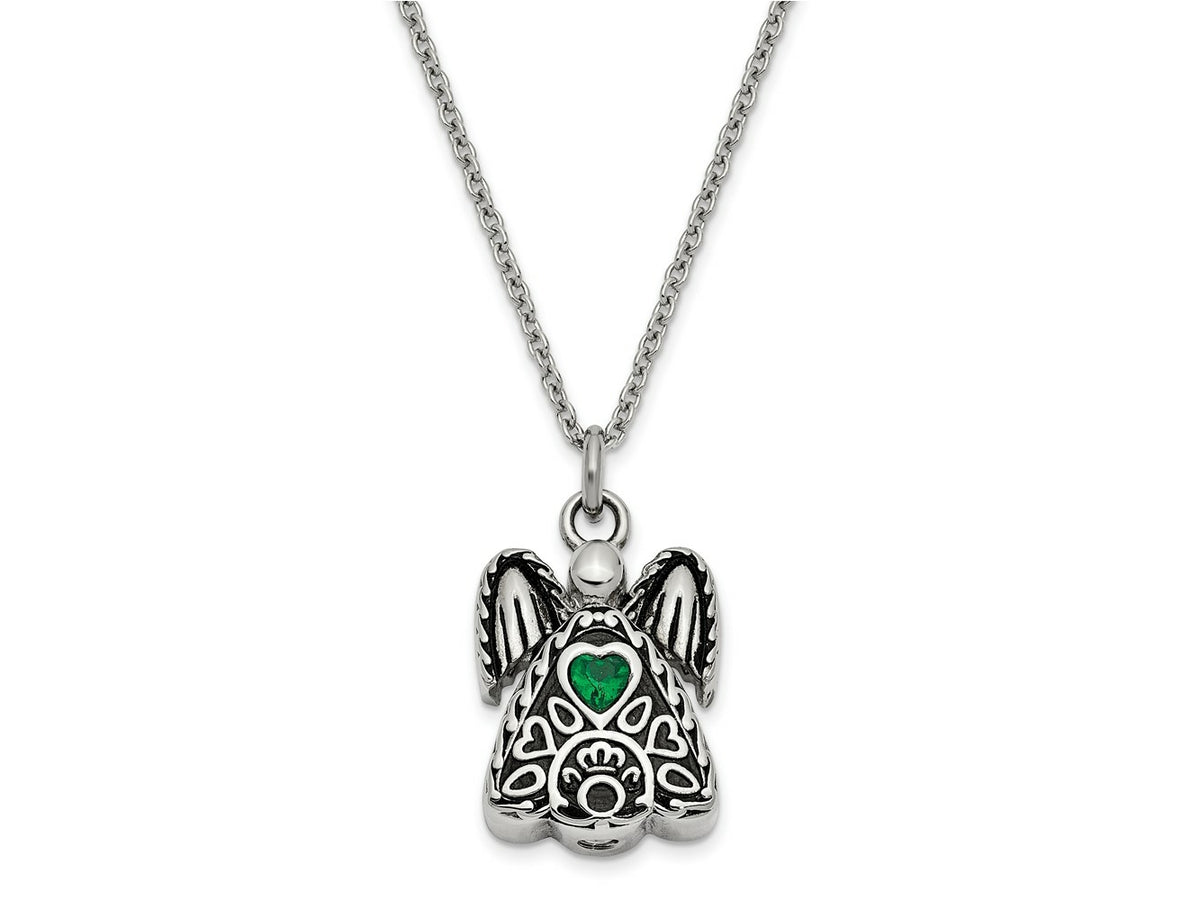 FJC Finejewelers Stainless Steel May CZ Birthstone Antiqued Angel Ash Holder Necklace 18 Inches x 19 mm