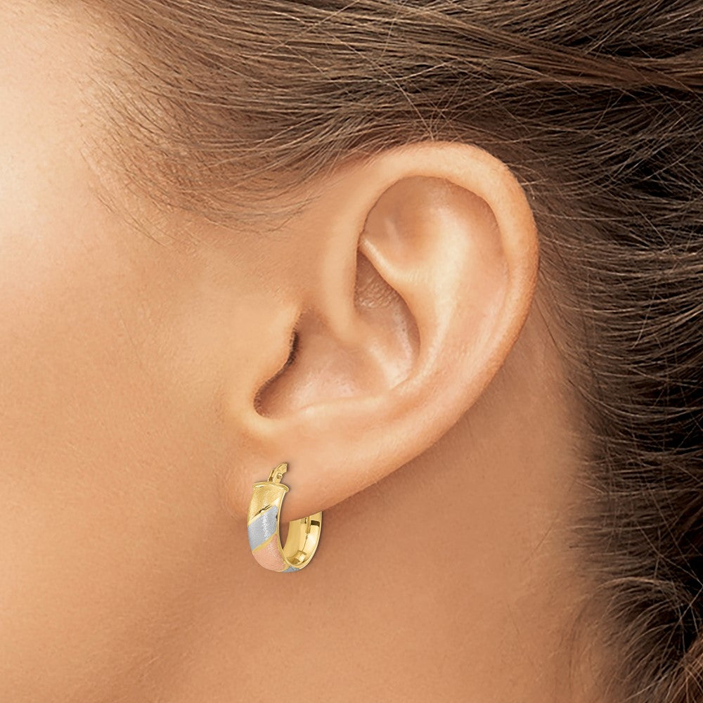 FJC Finejewelers 14 kt Yellow Gold with White and Rose Rhodium Polished Satin Hoop Earrings 15 x 14 mm