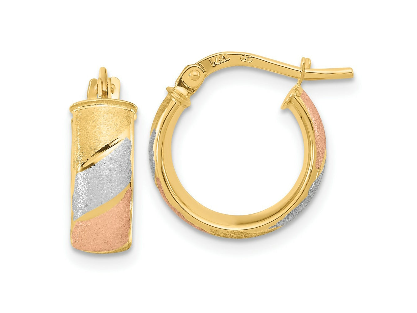 FJC Finejewelers 14 kt Yellow Gold with White and Rose Rhodium Polished Satin Hoop Earrings 15 x 14 mm