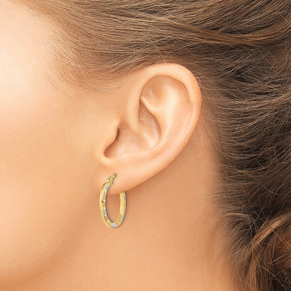 FJC Finejewelers 14 kt Yellow Gold with White and Rose Rhodium Polished and Satin Hoop Earrings 22 x 20 mm