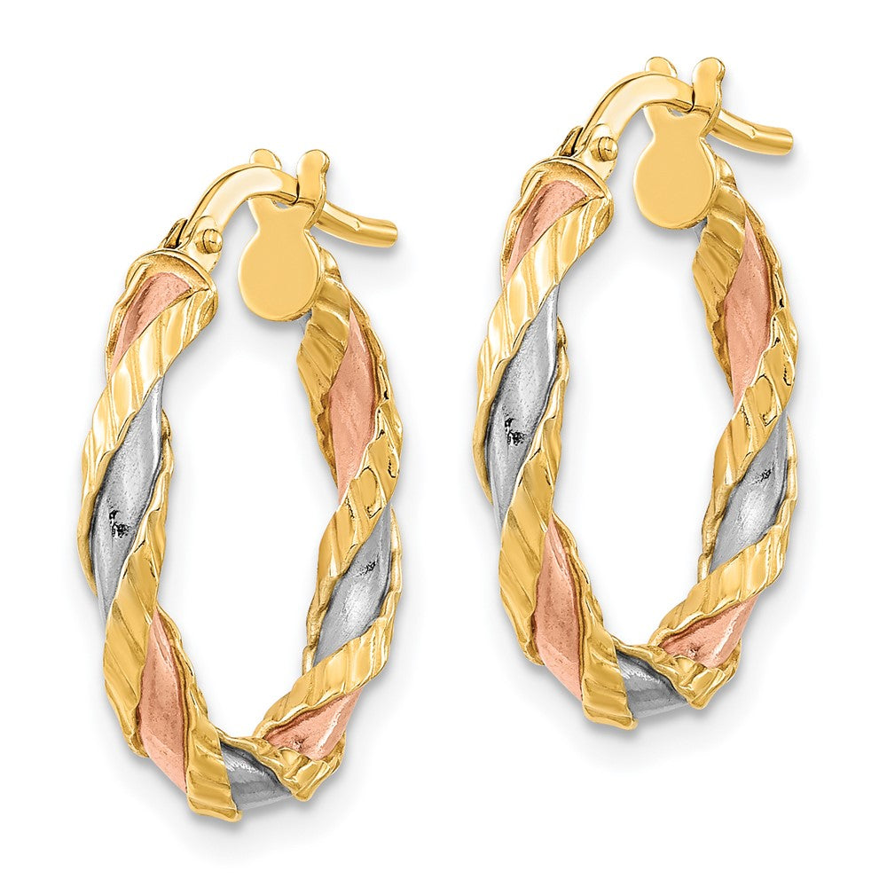 FJC Finejewelers 14 kt Yellow Gold with Rose and White Rhodium Textured Twisted Hoop Earrings 21 x 20 mm