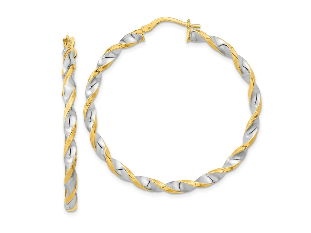 FJC Finejewelers 14 kt Yellow Gold and White Rhodium Polished and Twist Hoop Earrings 42 x 41 mm