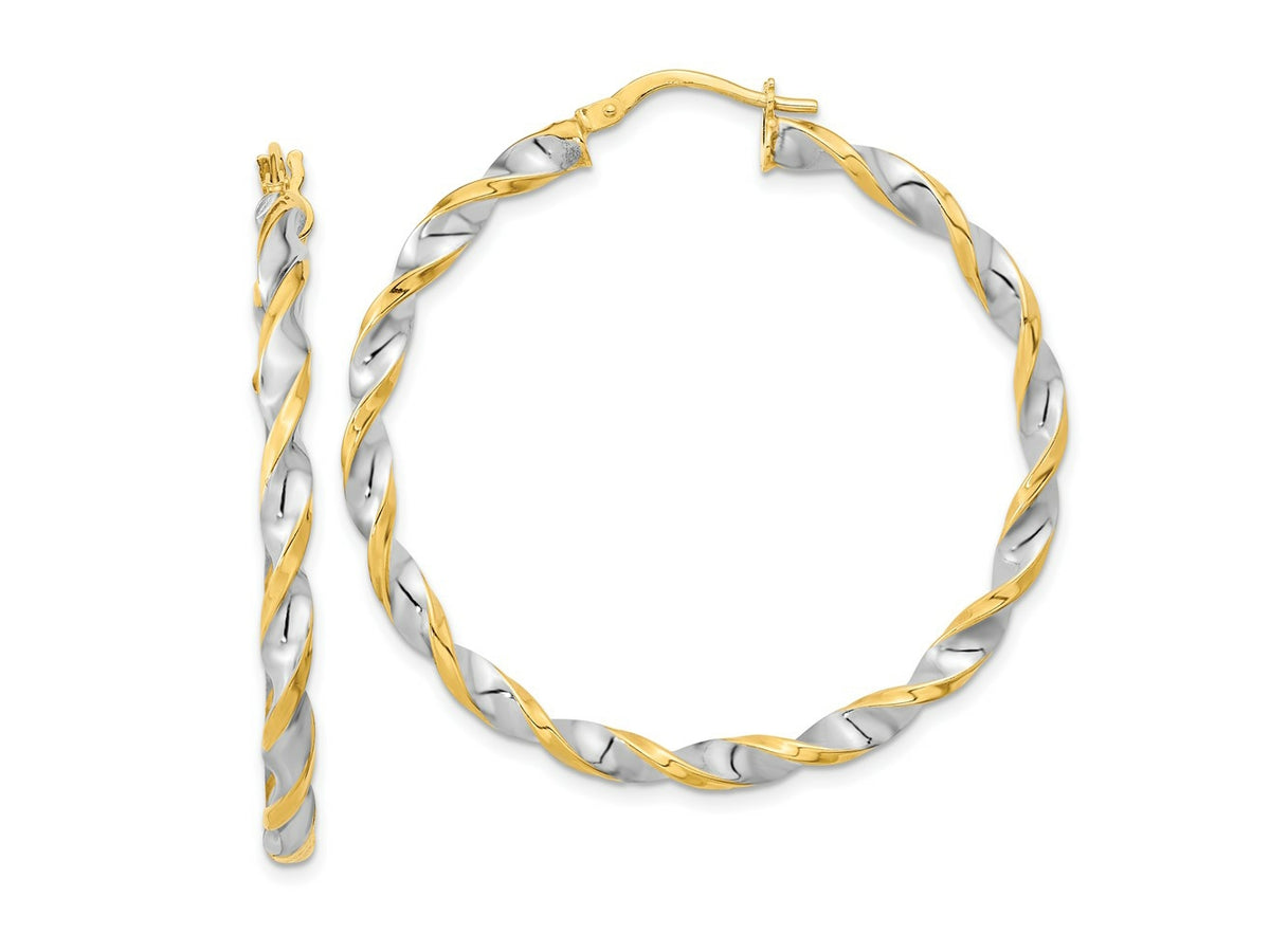 FJC Finejewelers 14 kt Yellow Gold and White Rhodium Polished and Twist Hoop Earrings 42 x 41 mm