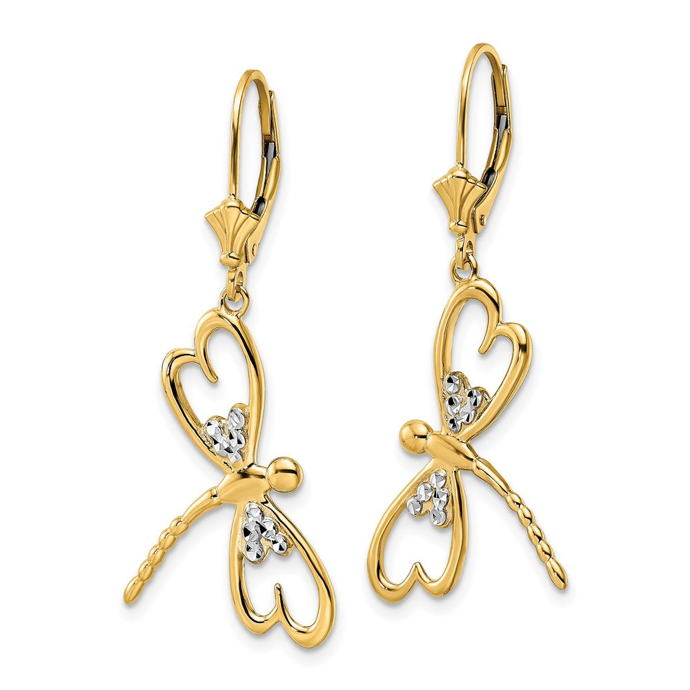 FJC Finejewelers 14 kt Yellow Gold Dangle and White Rhodium Bright Cut Dragonfly Leverback Earrings 41 x 7 mm