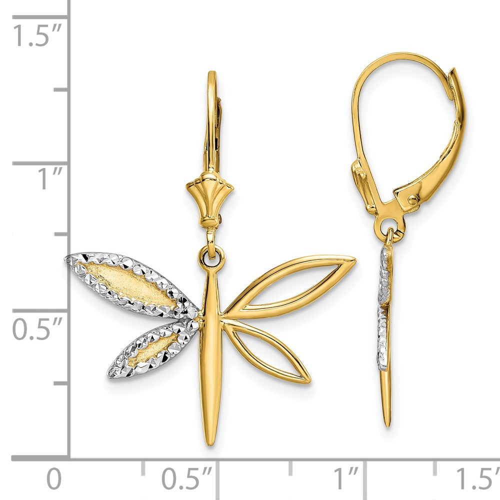 FJC Finejewelers 14 kt Yellow Gold Dangle and White Rhodium Bright Cut Dragonfly Leverback Earrings 31 x 24 mm