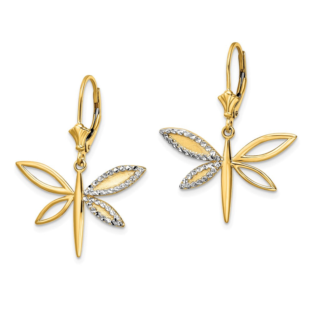 FJC Finejewelers 14 kt Yellow Gold Dangle and White Rhodium Bright Cut Dragonfly Leverback Earrings 31 x 24 mm
