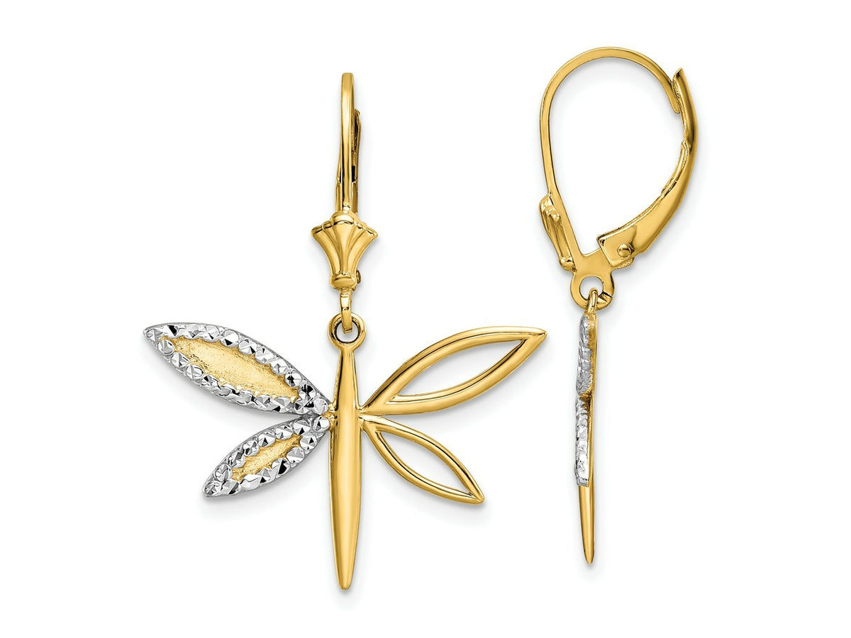 FJC Finejewelers 14 kt Yellow Gold Dangle and White Rhodium Bright Cut Dragonfly Leverback Earrings 31 x 24 mm