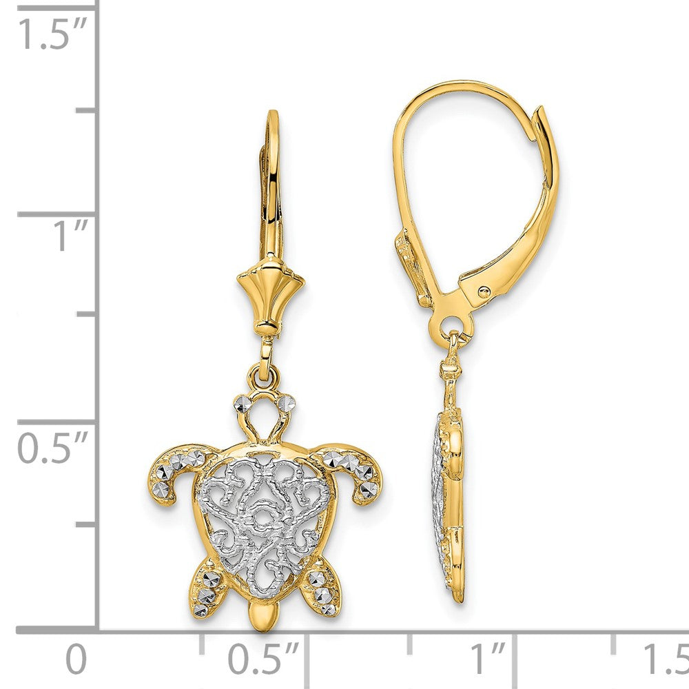 FJC Finejewelers 14 kt Yellow Gold Dangle and White Rhodium Bright Cut Filigree Turtle Leverback Earrings 32 mm