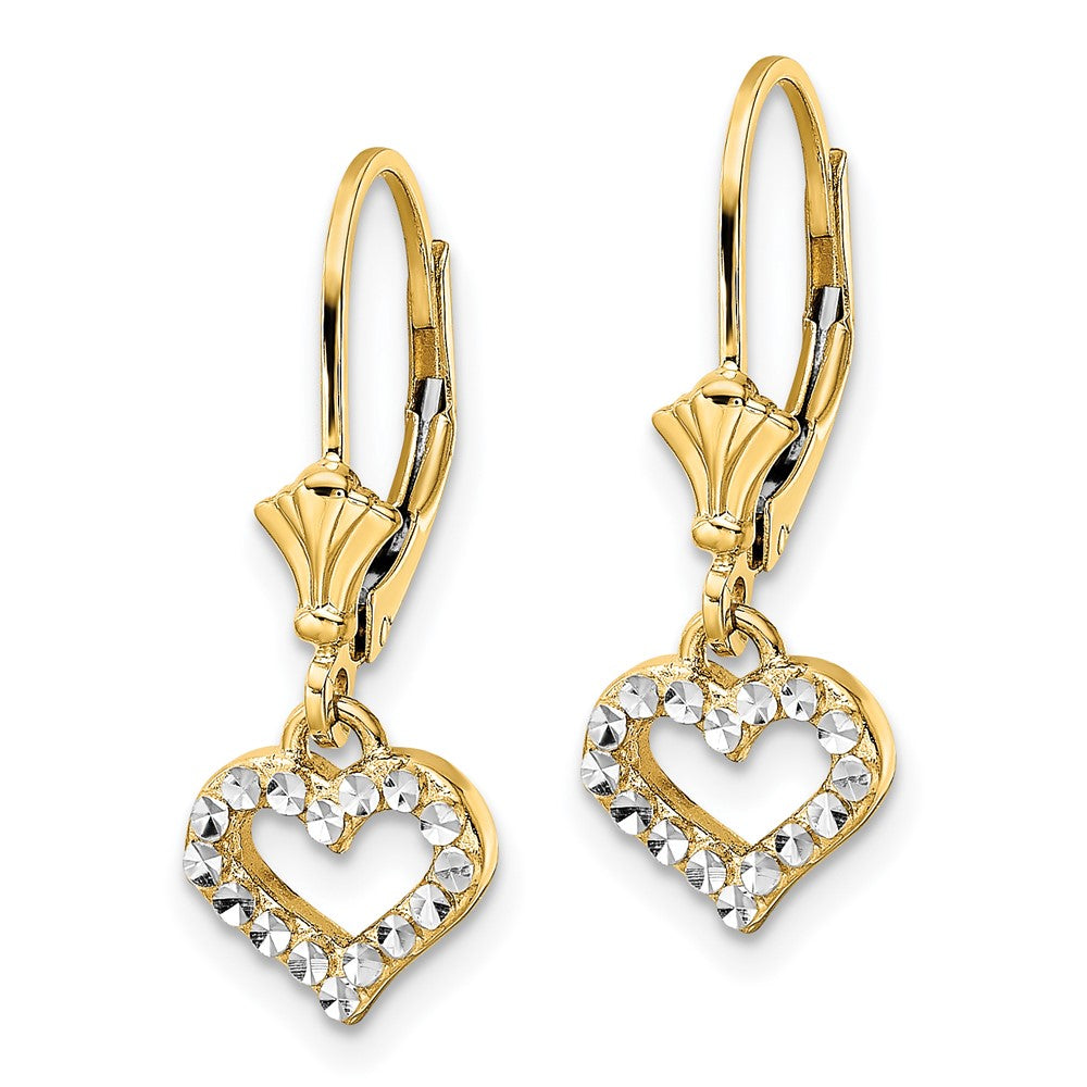 FJC Finejewelers 14 kt Yellow Gold Dangle and White Rhodium Bright Cut Heart Leverback Earrings 24 x 8 mm