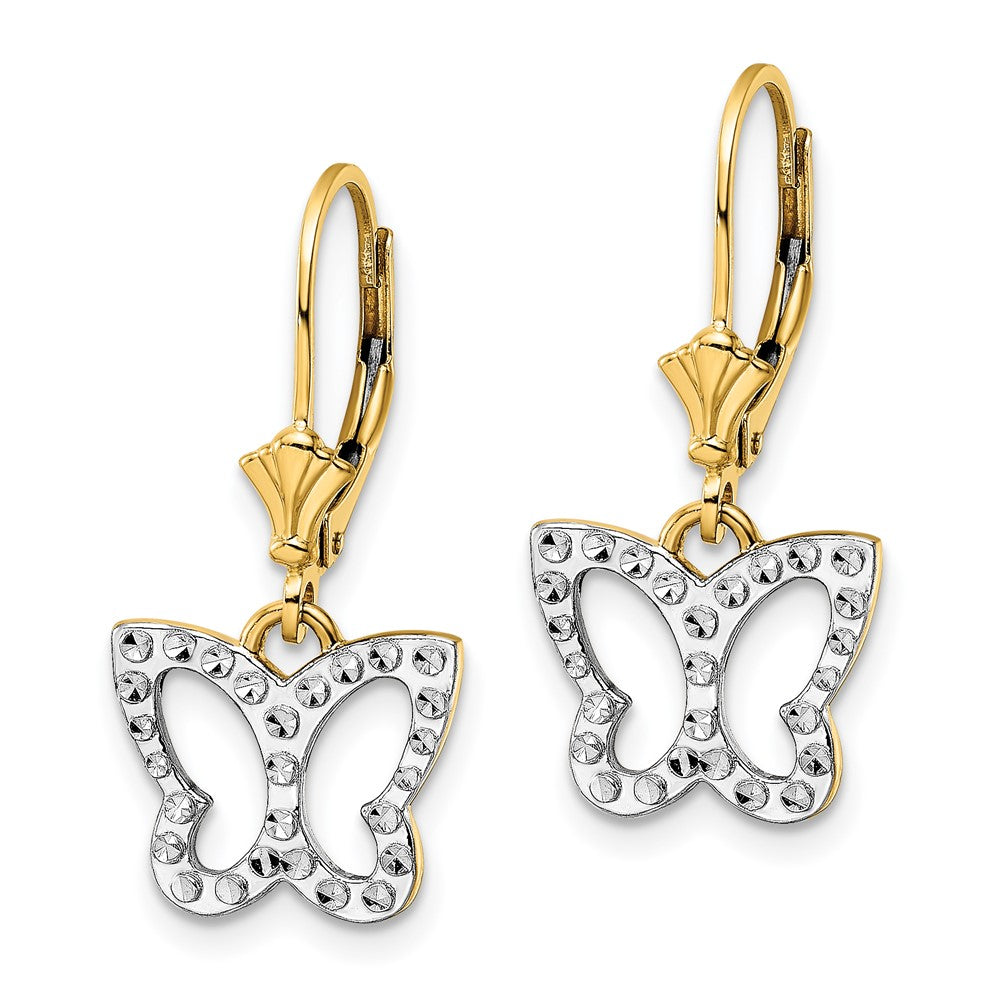 FJC Finejewelers 14 kt Yellow Gold Dangle and White Rhodium Bright Cut Butterfly Leverback Earrings 26 mm