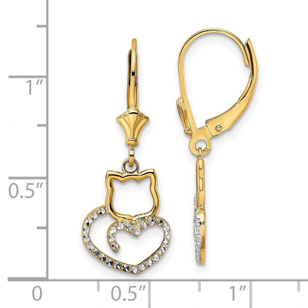 FJC Finejewelers 14 kt Yellow Gold Dangle and White Rhodium Bright Cut Cat Heart Leverback Earrings 29 mm
