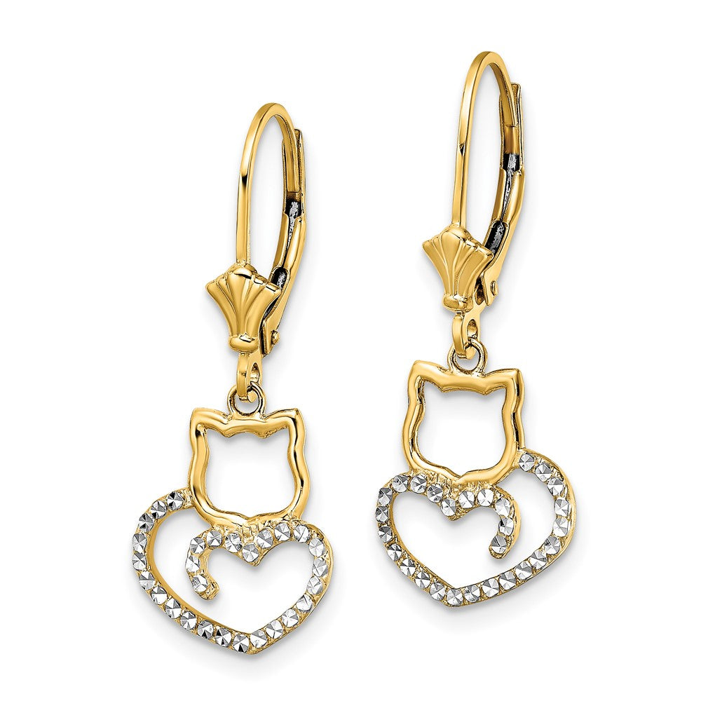 FJC Finejewelers 14 kt Yellow Gold Dangle and White Rhodium Bright Cut Cat Heart Leverback Earrings 29 mm