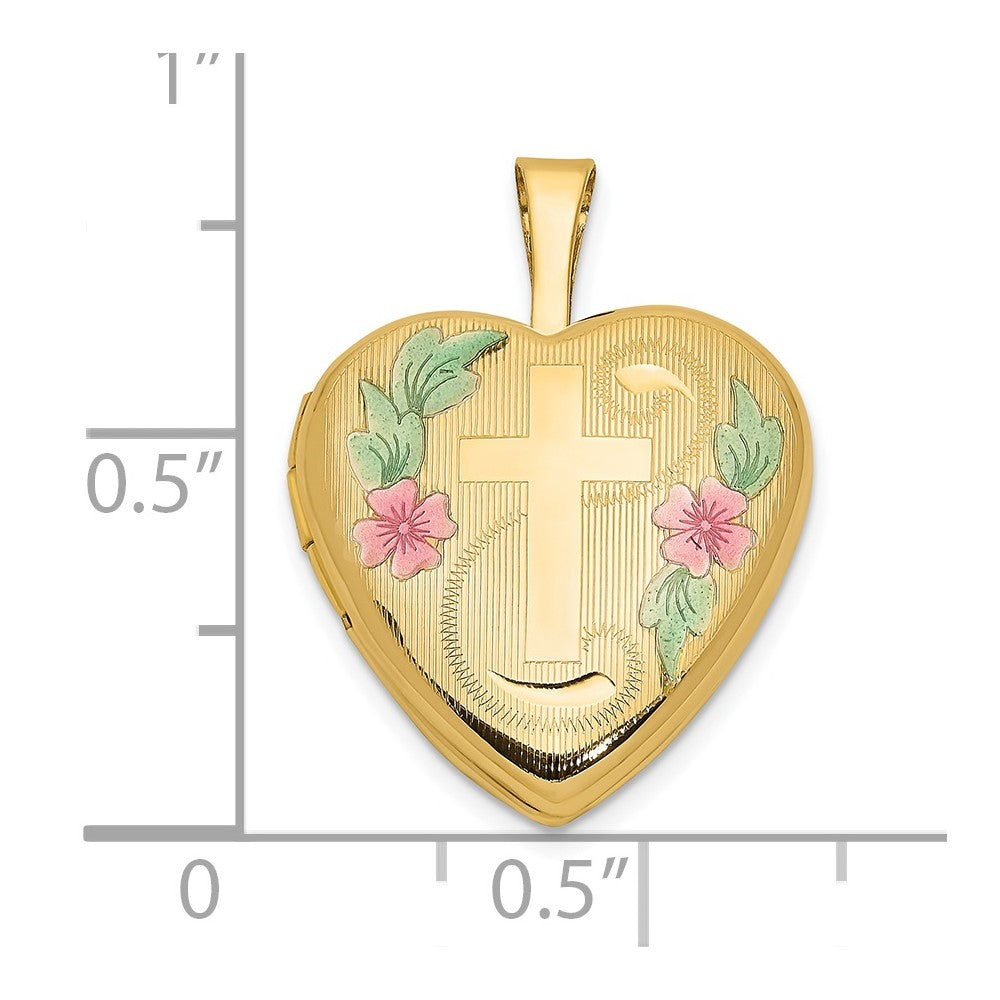 FJC Finejewelers 14 kt Yellow Gold with Enamel Floral Cross Heart Locket 21 x 16 mm