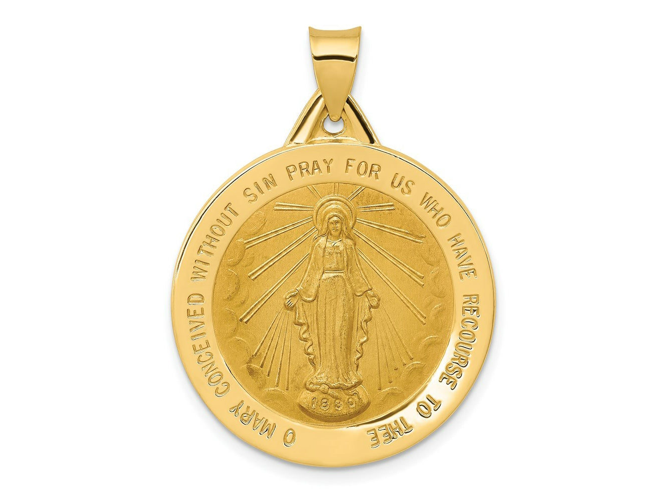 FJC Finejewelers 14 kt Yellow Gold Polished and Satin Miraculous Medal Hollow Charm 34 x 25 mm