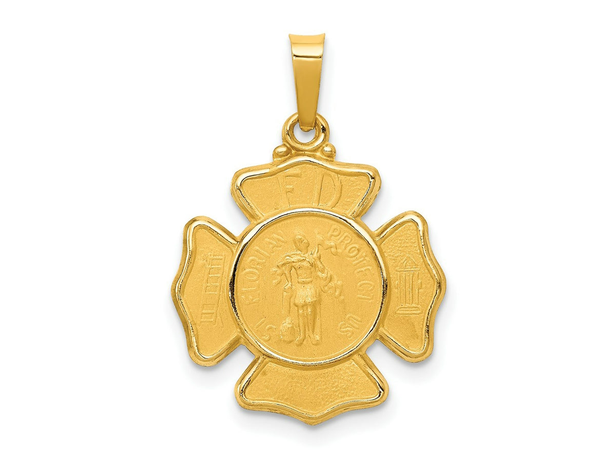 FJC Finejewelers 14 kt Yellow Gold Polished and Satin St Florian Badge Medal Hollow Charm 24 x 17 mm