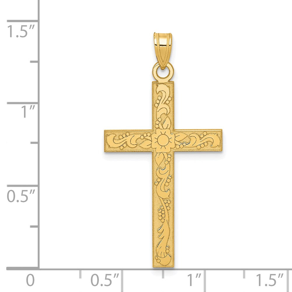 FJC Finejewelers 14 kt Yellow Gold Etched Floral Cross Charm 37 x 19 mm