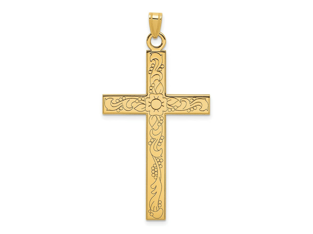 FJC Finejewelers 14 kt Yellow Gold Etched Floral Design Cross Charm 49 x 25 mm