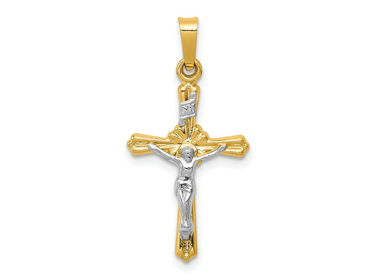 FJC Finejewelers 14 kt Two Tone Gold Flower Center INRI Crucifix Charm 25 x 18 mm