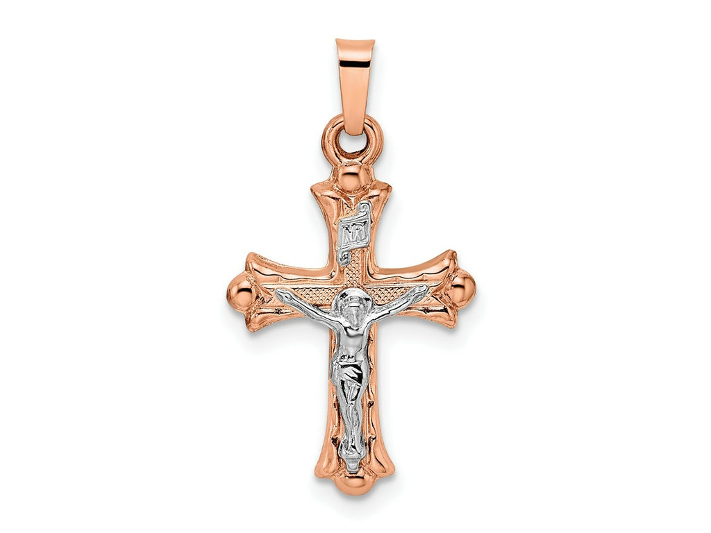 FJC Finejewelers 14 kt Two Tone Gold Themed Rose and Polished Fleur de Lis INRI Hollow Crucifix Charm