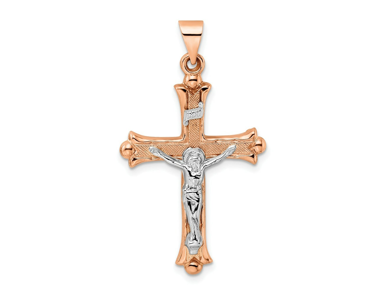 FJC Finejewelers 14 kt Two Tone Gold Themed Rose and Polished Fleur de Lis INRI Hollow Crucifix Charm 23 x 35mm