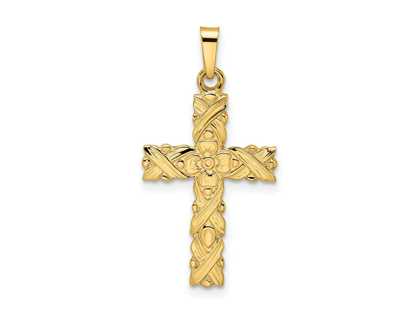 FJC Finejewelers 14 kt Yellow Gold Polished and Textured Solid Floral Cross Charm 28 x 15 mm
