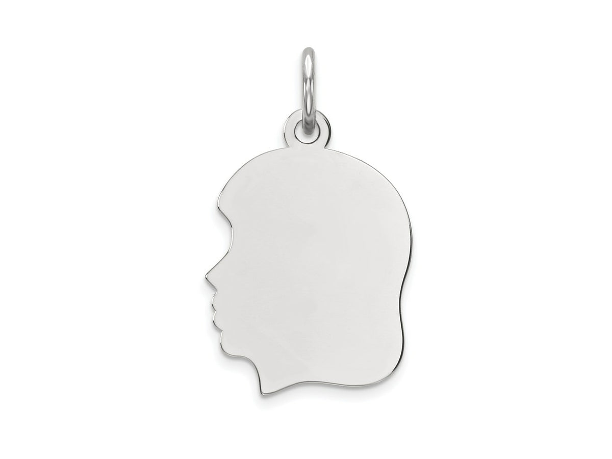 FJC Finejewelers 14 kt White Gold Personalized White Plain Medium.009 Depth Facing Left Engravable Girl Charm 22 x 13 mm