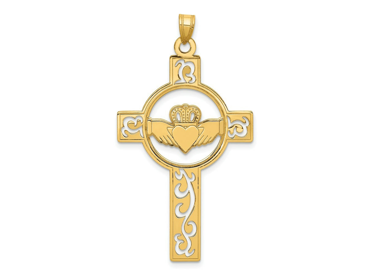 FJC Finejewelers 14 kt Yellow Gold Laser Cut Claddagh Cross Charm 47 x 26 mm