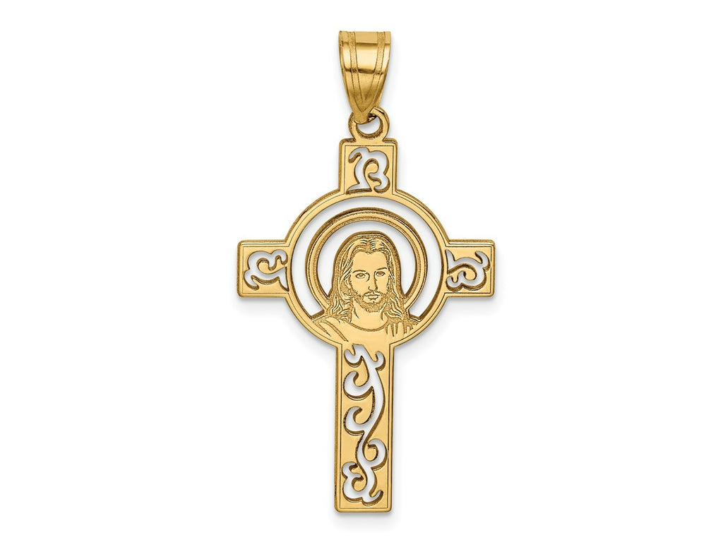 FJC Finejewelers 14 kt Yellow Gold Laser Cut Jesus Face Cross Charm