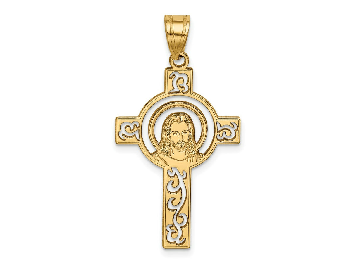 FJC Finejewelers 14 kt Yellow Gold Laser Cut Jesus Face Cross Charm