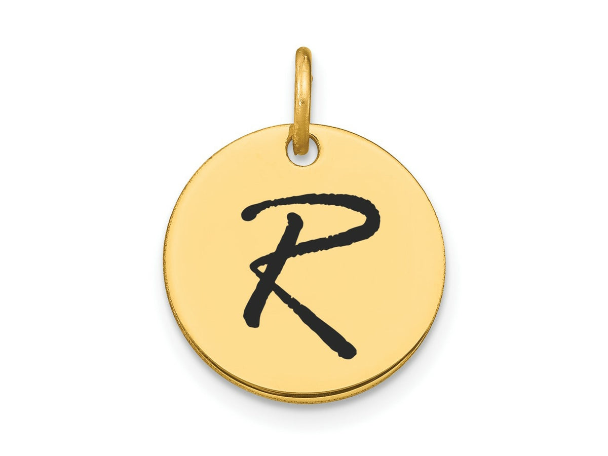 FJC Finejewelers 14 kt Yellow Gold Polished Black Enamel Letter R Initial Disk Charm 15 x 15 mm