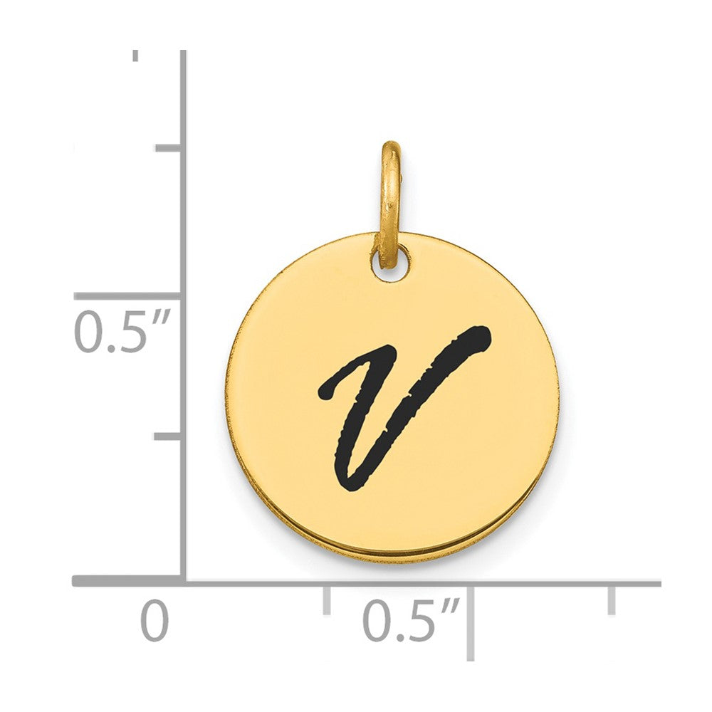 FJC Finejewelers 14 kt Yellow Gold Polished Black Enamel Letter V Initial Disk Charm 15 x 15 mm