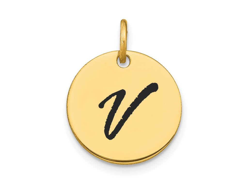FJC Finejewelers 14 kt Yellow Gold Polished Black Enamel Letter V Initial Disk Charm 15 x 15 mm