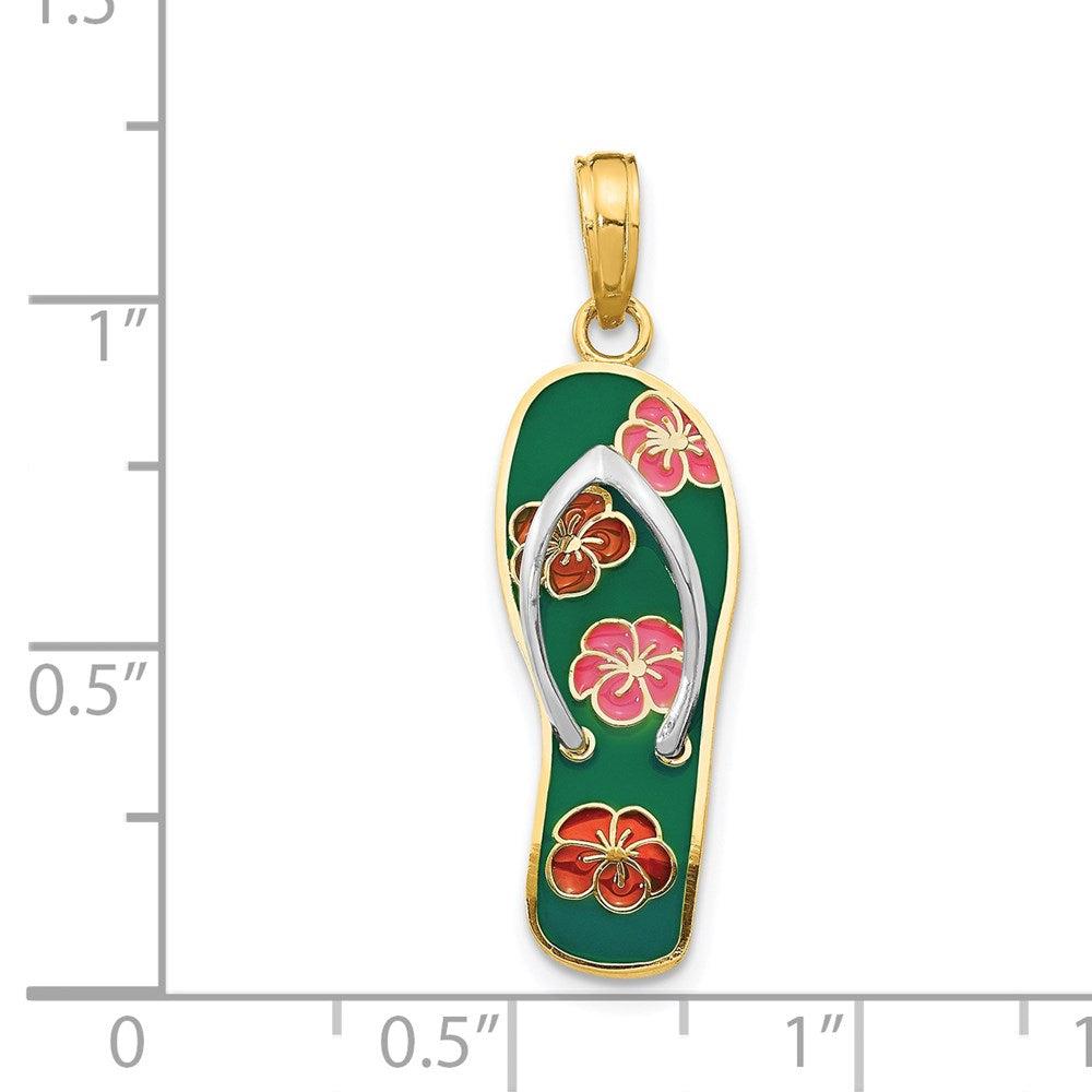 FJC Finejewelers 14 kt Yellow Gold Rhodium 3D Enameled Flowers On Green Flip Flop Charm 29 x 9 mm