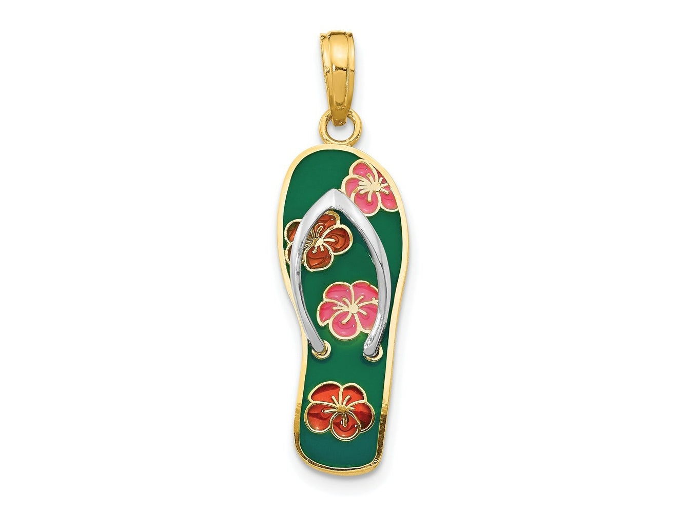 FJC Finejewelers 14 kt Yellow Gold Rhodium 3D Enameled Flowers On Green Flip Flop Charm 29 x 9 mm