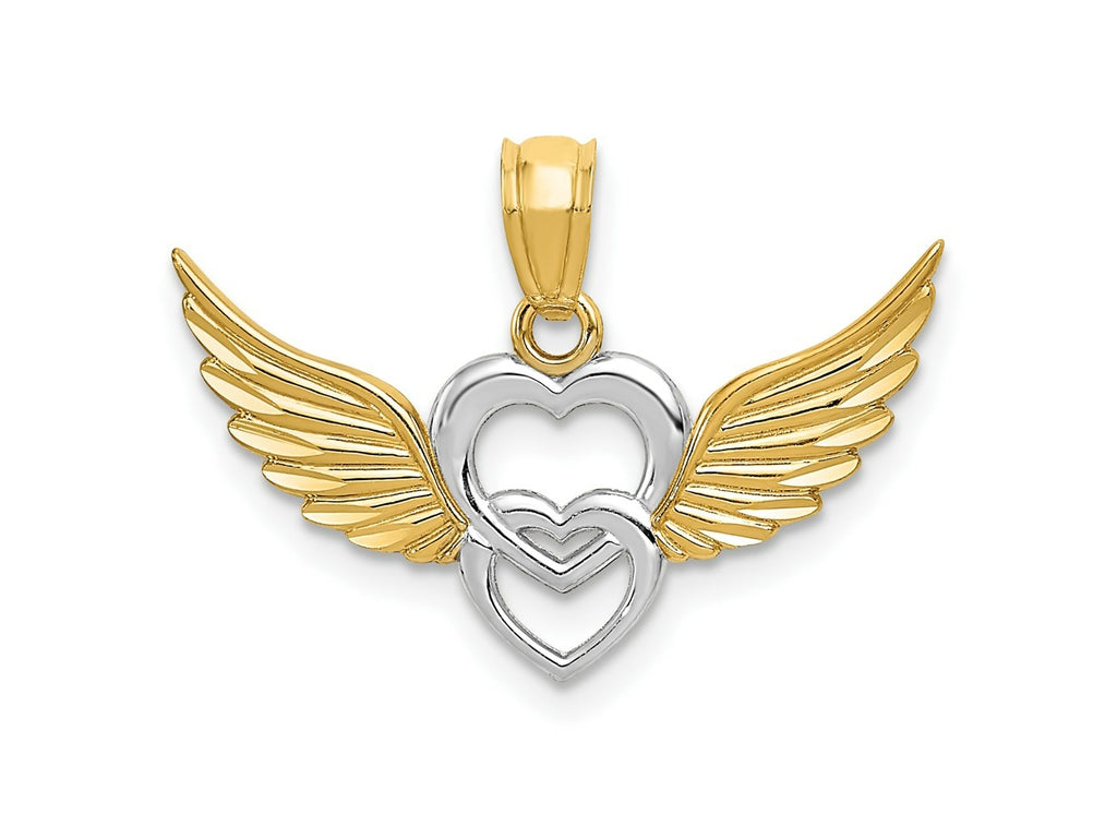 FJC Finejewelers 14 kt Yellow Gold and White Rhodium Polished Hearts with Wings Charm 17 x 23 mm