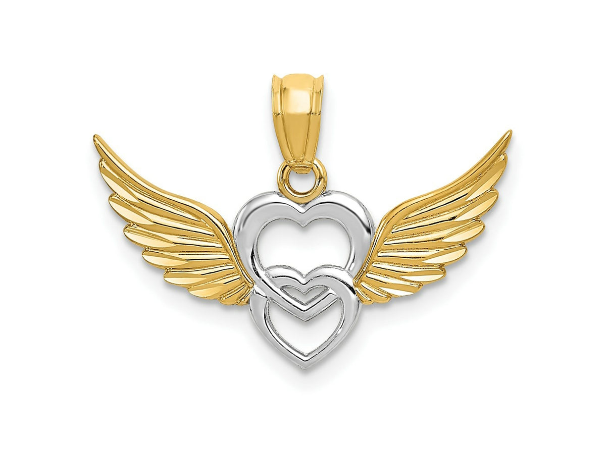 FJC Finejewelers 14 kt Yellow Gold and White Rhodium Polished Hearts with Wings Charm 17 x 23 mm