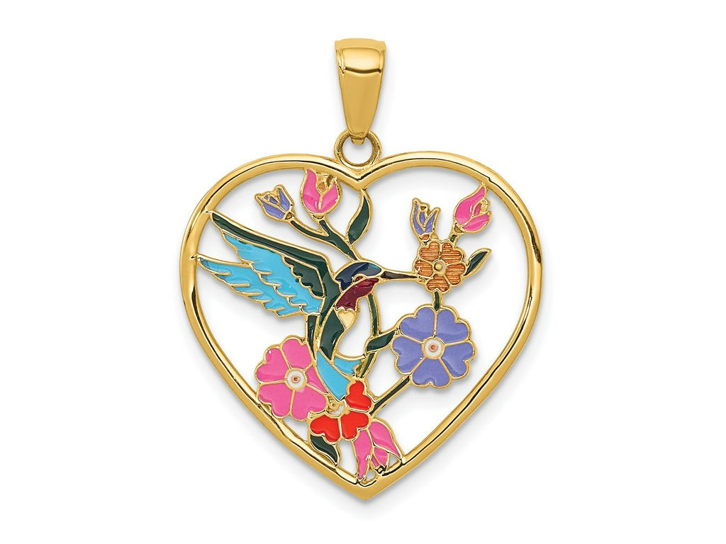 FJC Finejewelers 14 kt Yellow Gold Enameled Hummingbird with Flowers Heart Charm 28 x 22 mm
