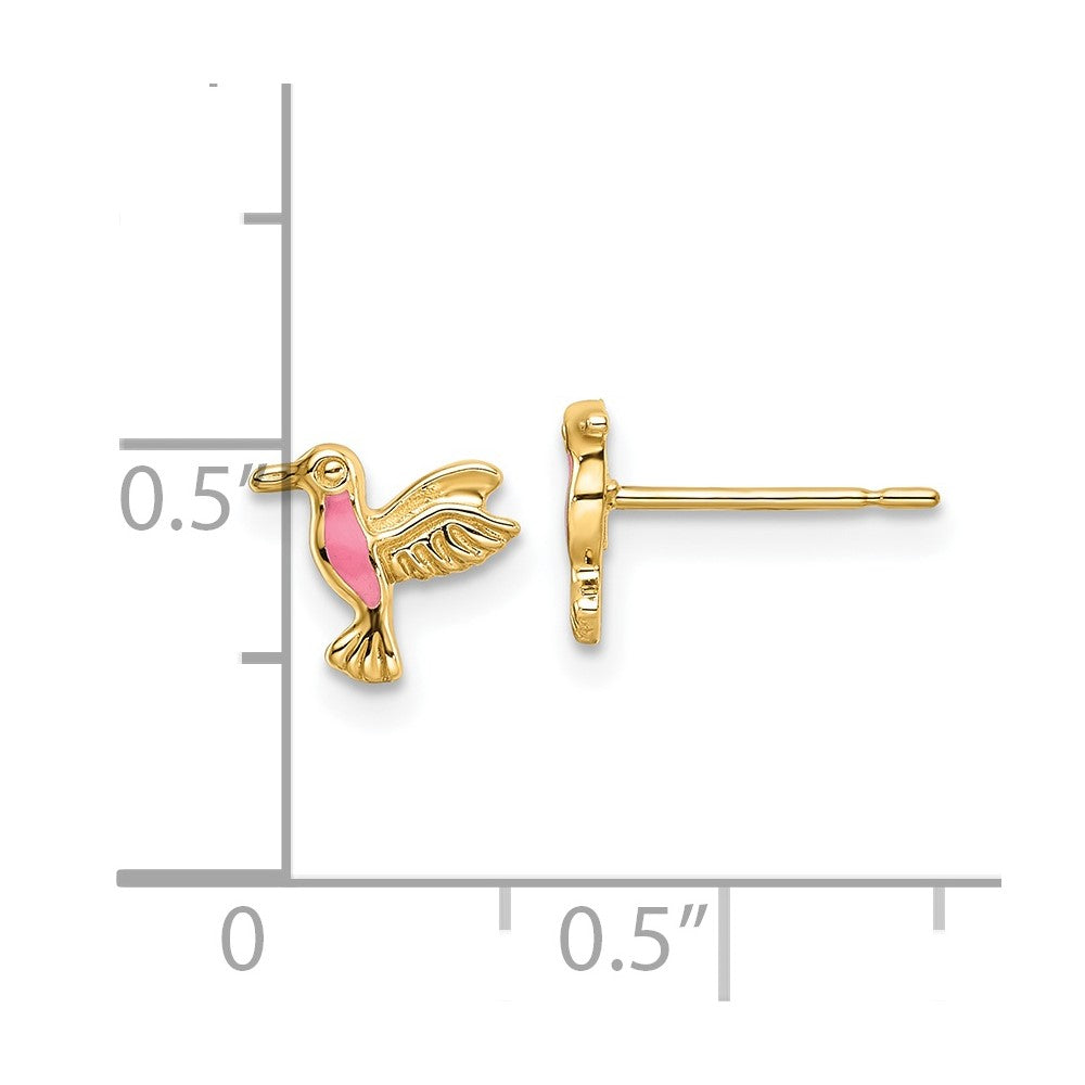FJC Finejewelers 14 kt Yellow Gold Button Pink Enamel Hummingbird Post Earrings 7 x 8 mm
