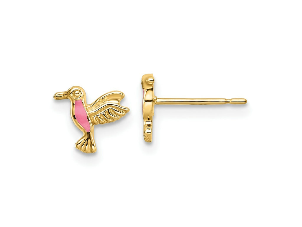 FJC Finejewelers 14 kt Yellow Gold Button Pink Enamel Hummingbird Post Earrings 7 x 8 mm