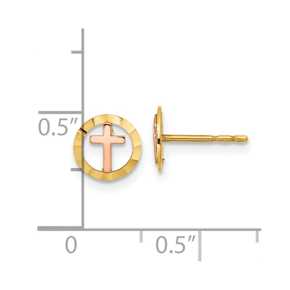 FJC Finejewelers 14 kt Two Tone Gold Button Circle with Cross Post Earrings 7 x 7 mm